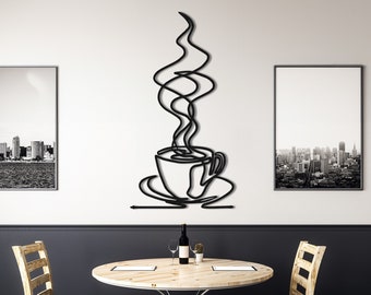 Metal Coffee Cup Decor,  Swirly Mug of Coffee Minimalist Line Art, Caffiene Lover Gift, Hot Coffee Service for Kitchen Art, Coffee Bar Sign