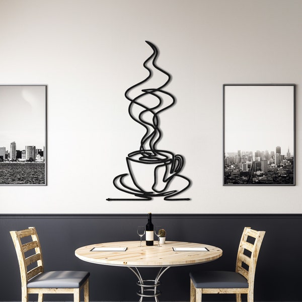 Metal Coffee Cup Decor,  Swirly Mug of Coffee Minimalist Line Art, Caffiene Lover Gift, Hot Coffee Service for Kitchen Art, Coffee Bar Sign