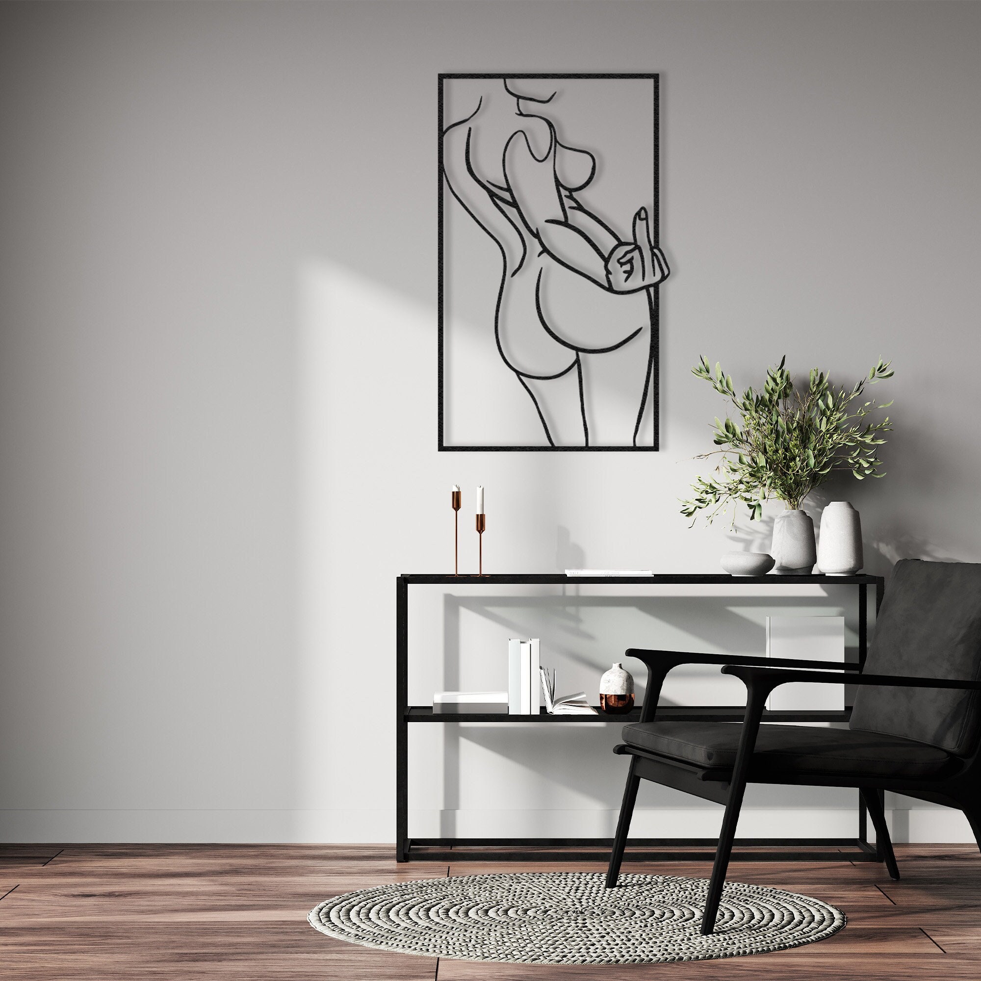 Metal Woman Middle Finger Line Art: Feminist Body Positive Decor