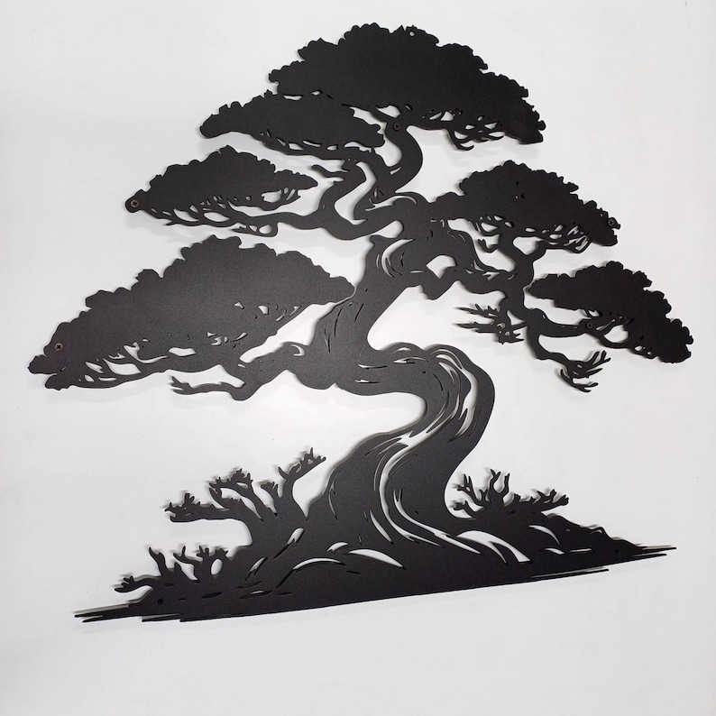 May include: Black metal silhouette of a bonsai tree with a thick trunk and intricate branches. The tree is set against a white background.