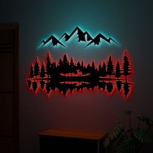Cartello in metallo con scritta "Montagna e Foresta Canadese", decorazione con cartello in metallo illuminato a forma di montagna, cartello multicolore a forma di montagna, decorazione da parete a LED, regalo di inaugurazione della casa.