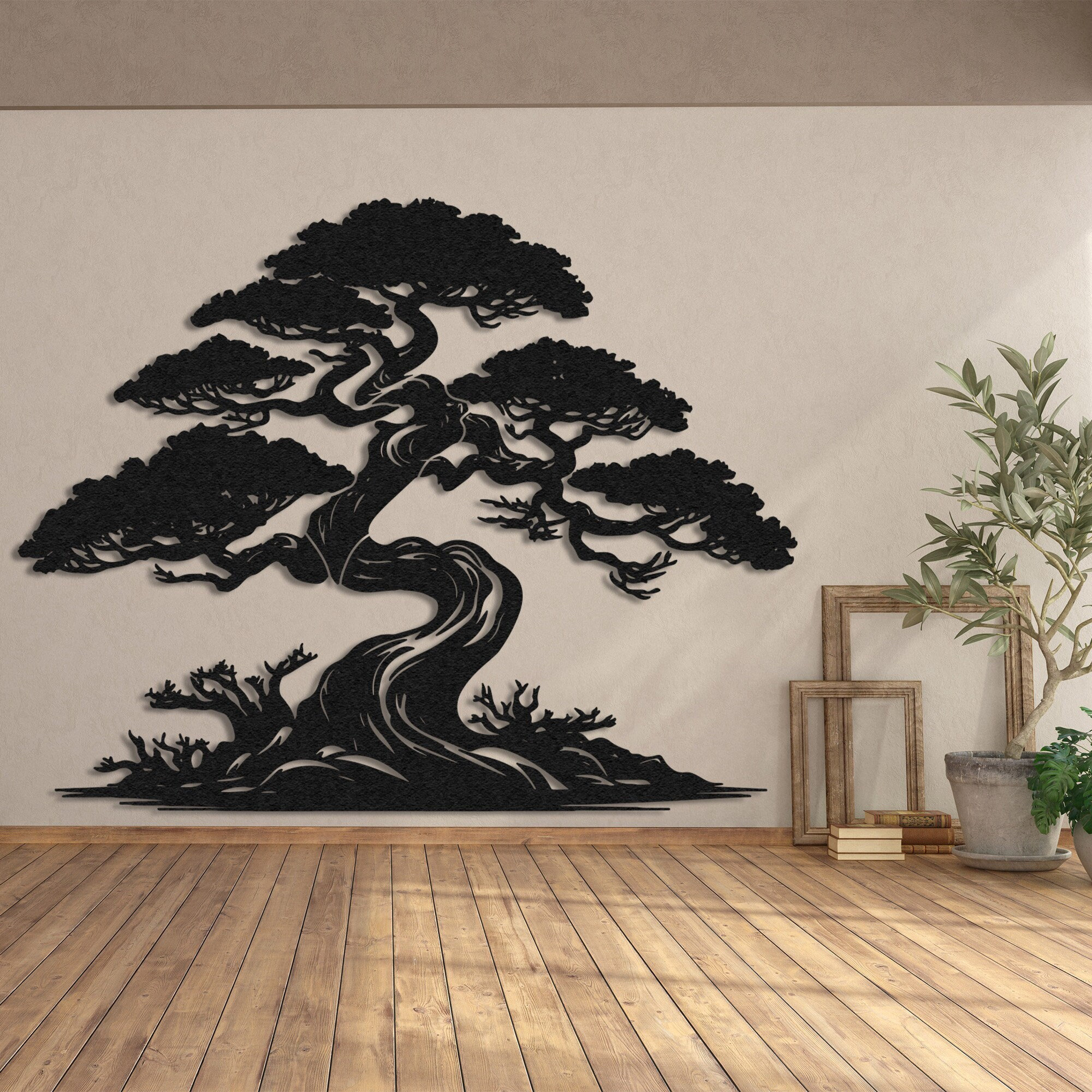 Oversized Metal Pine Tree Wall Decor, Bonsai Metal Wall Art