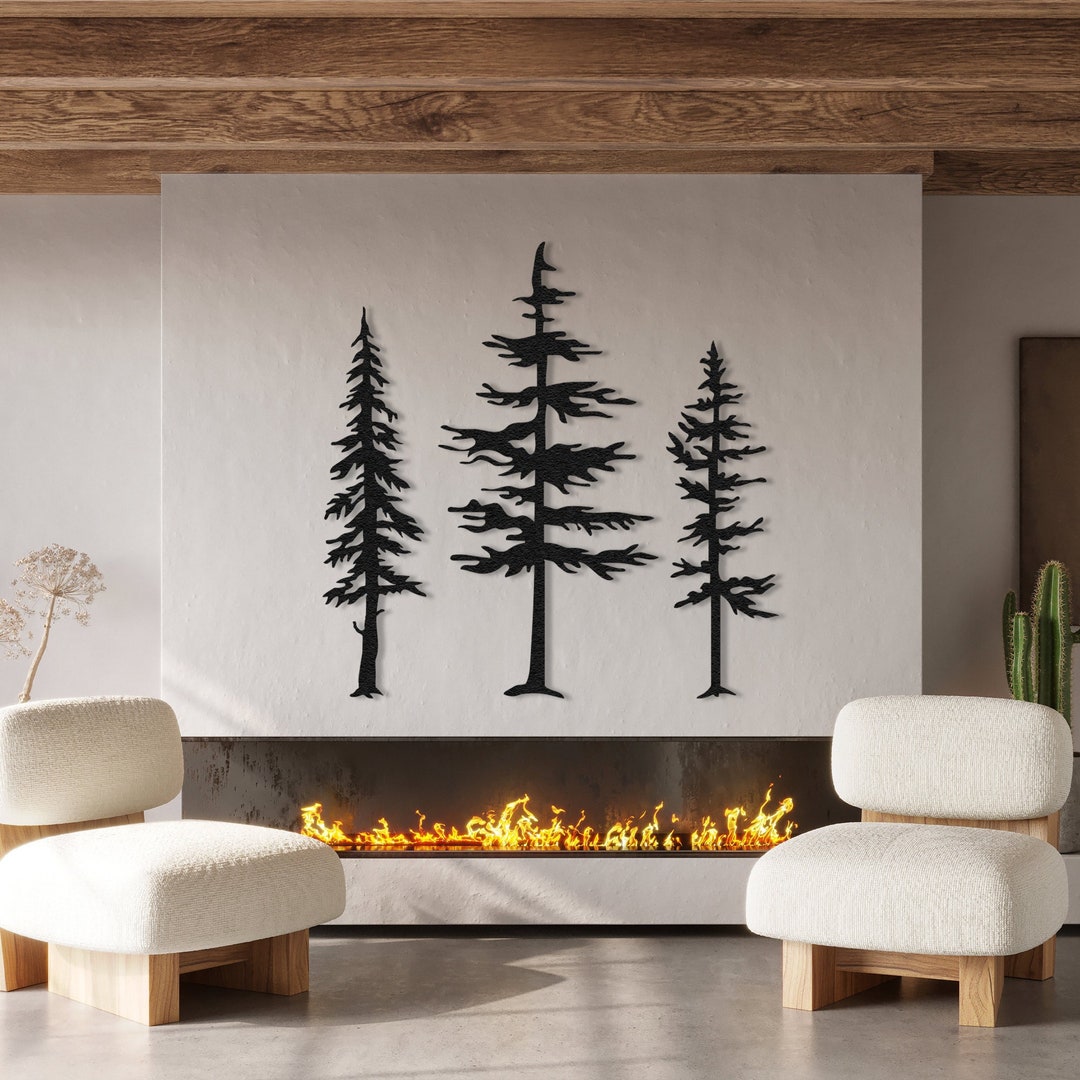 Set of 3 Pine Tree Metal Wall Art, Metal Tree Wall Decor, Nature Sign