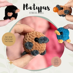 May include: A collection of crocheted platypus stress balls in various colors, including brown, black, and blue. The image includes the text "Platypus Stress Ball" and "No Sew Crochet Pattern". The stress balls use 1.4-1.6 inch stress balls.