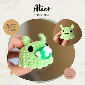 May include: Green crocheted alien stress ball with a clear plastic bubble filled with green and white stress balls. The text "Alien Stress Ball" is above the image. The text "No Sew Crochet Pattern" is in the upper left corner. The text "Uses 1.8" Stress Balls" is in the lower right corner.