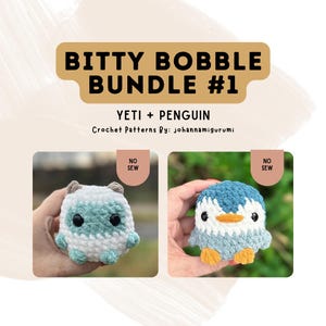 May include: A crochet pattern bundle for making a Yeti and a Penguin. The pattern includes instructions for making a no-sew Yeti and a no-sew Penguin. The image shows a hand holding each finished crochet toy.