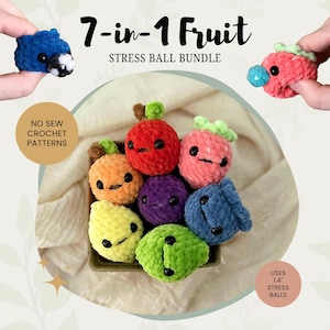 VIRKMÖNSTER - 7-i-1 Stressbollspaket med Frukt | Ingen Syfunktion | Amigurumi | Digital PDF-fil