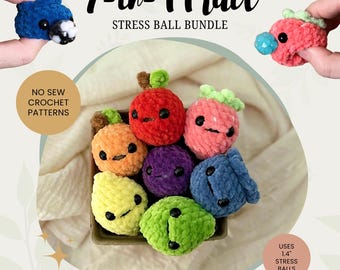 VIRKMÖNSTER - 7-i-1 Stressbollspaket med Frukt | Ingen Syfunktion | Amigurumi | Digital PDF-fil
