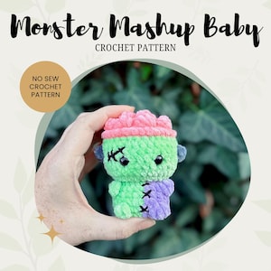 May include: A crochet pattern titled Monster Mashup Baby, featuring a small plush monster with a pink brain-like top, a light green head, and a body split between light green and purple, with black stitched details and dark eyes.