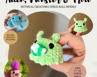 May include: A crochet pattern bundle titled Alien, Monster & Troll Mythical Creatures Stress Ball Bundle. It features three small, plush, no-sew creatures in light green, blue, and pink, designed to hold 1.7-1.9 inch stress balls inside.