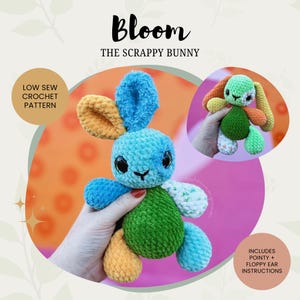 May include: A crochet pattern for a colorful scrappy bunny named "Bloom". The pattern includes instructions for both pointy and floppy ears. The bunny is made with a variety of colors, including blue, green, orange, and yellow.