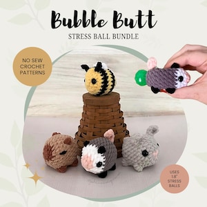 May include: A set of five crochet stress ball patterns, including a bee, a guinea pig, a bunny, and two piglets. The patterns use 1.8 inch stress balls. The text "Bubble Butt Stress Ball Bundle" and "No Sew Crochet Patterns" is visible in the image.