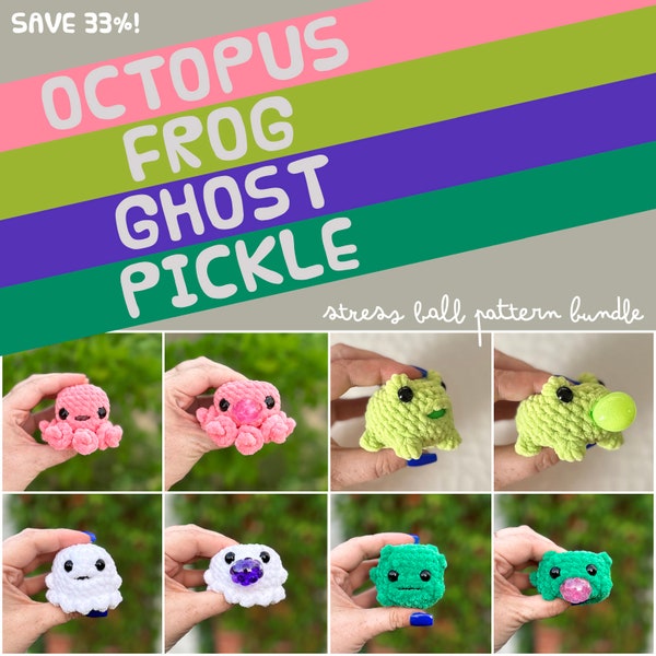 Lot de balles anti-stress au crochet - Pieuvre, grenouille, fantôme et cornichon | Pas de couture