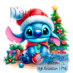 1 PNG Cute Christmas Stitch Watercolor Clipart Images Digital Design PNG File for Sublimation, High Resolution, Instant Digital PNG Download