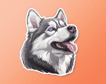May include: A sticker depicting a detailed illustration of a Siberian Husky's head. The dog has blue eyes, a pink tongue, and a black and white coat. The sticker has a white border and is set against an orange background.