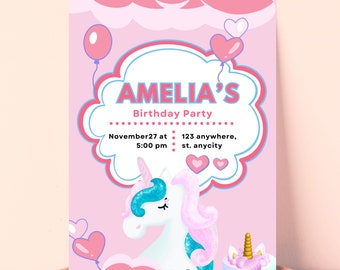 Pink Cute Unicorn Birthday Invitation, Editable Unicorn Birthday Invitation Magical Party Invite Girl Pink  Digital Unicorn Party Template