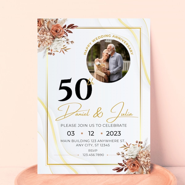 50th Wedding Anniversary Invitation Template, Golden Anniversary Photo Invitation Template, Editable 50th wedding anniversary invites