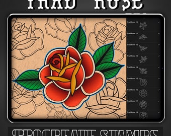 Timbre de procréation de tatouage de rose traditionnel - Set 1 | 25 tampons de pinceau Trad Rose pour procréer - Tatoueur | Dessins de tatouage