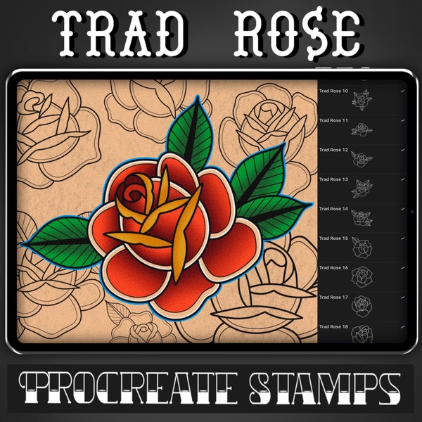 Timbre de procréation de tatouage de rose traditionnel - Set 1 | 25 tampons de pinceau Trad Rose pour procréer - Tatoueur | Dessins de tatouage