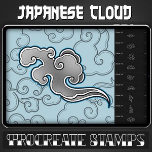 May include: A set of 18 digital stamps featuring Japanese-style clouds in various shapes and sizes. The stamps are designed for use in the Procreate app.