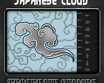 May include: A set of 18 digital stamps featuring Japanese-style clouds in various shapes and sizes. The stamps are designed for use in the Procreate app.