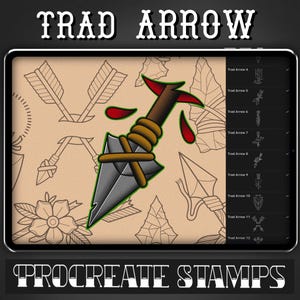 May include: A digital illustration of a traditional arrow with a red blood drop. The arrow is tied with a brown rope and has a grey metal tip. The image is labelled "TRAD ARROW" and "PROCREATE STAMPS".