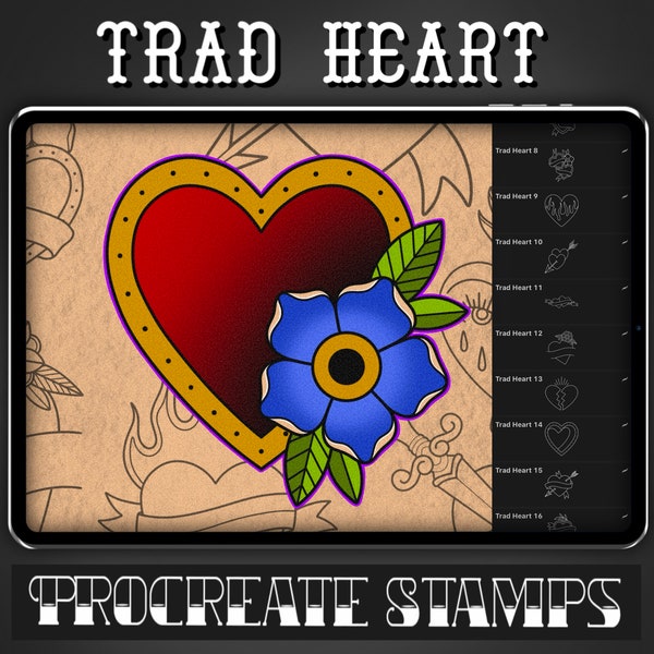 Traditional Heart Tattoo Procreate Stamp - Set 1 | 25 Trad Heart Brush Stamps for Procreate - Tattoo Artist | Tattoo Designs