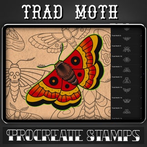 Peut inclure: Une illustration numérique d'une mite traditionnelle aux ailes rouges, orange et noires. La mite est entourée d'autres illustrations de mites dans une application de carnet de croquis numérique. Le texte "TRAD MOTH" est en haut de l'image et "PROCREATE STAMPS" en bas.