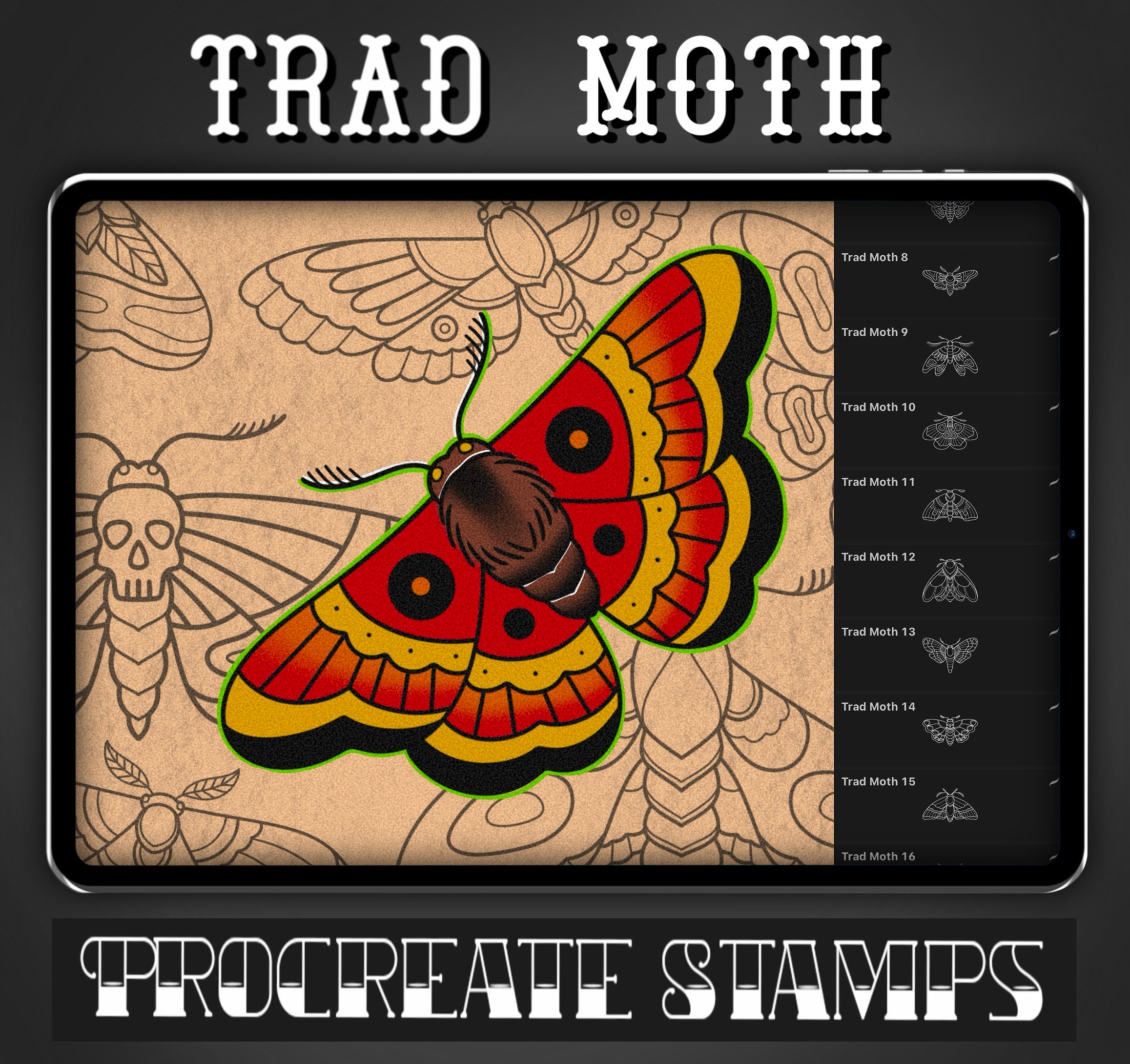 Carimbos Procreate de Mariposa Noctiluca Tradicional – Set 1: 25 pincéis carimbo vintage para tatuagem e ilustração