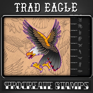 May include: A digital illustration of a traditional eagle tattoo design. The eagle is in a classic style with bold lines and colors. The image is labeled "TRAD EAGLE" and "PROCREATE STAMPS".