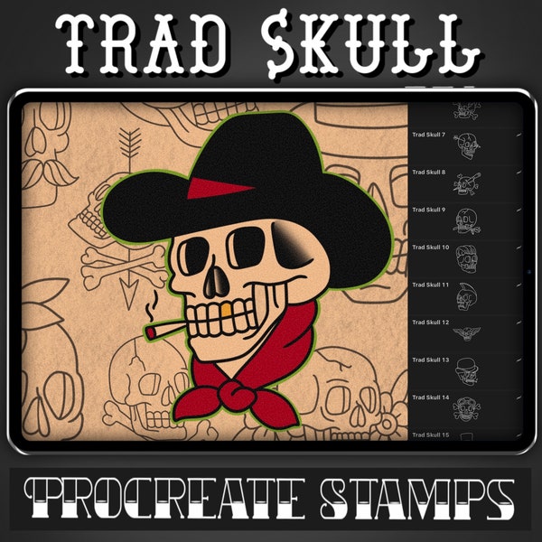 Traditional Skull Tattoo Procreate Stamp - Set 1 | 25 Trad Skull Banger Brush Stamps for Procreate - Tattoo Artist | Tattoo Designs