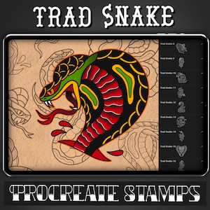 Selo Procreate de tatuagem de cobra tradicional - conjunto 1 | 25 Selos Trad Snake Brush para Procreate - Tatuador | Desenhos de tatuagem