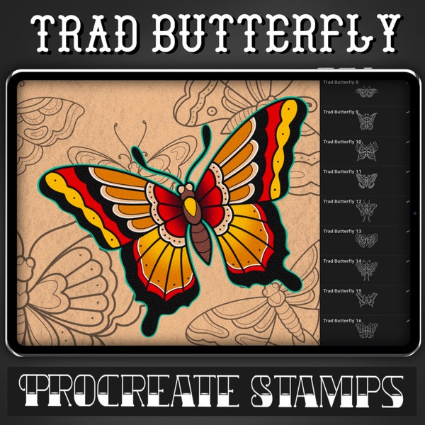 Traditional Butterfly Tattoo Procreate Stamp - Set 1 | 25 Trad Butterfly Brush Stamps for Procreate - Tattoo Artist | Tattoo Designs