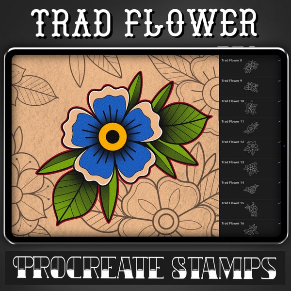 Timbre de procréation de tatouage de fleur traditionnel - Set 1 | 25 Timbres de brosse à fleurs florales traditionnelles pour procréer - Tatoueur | Dessins de tatouage