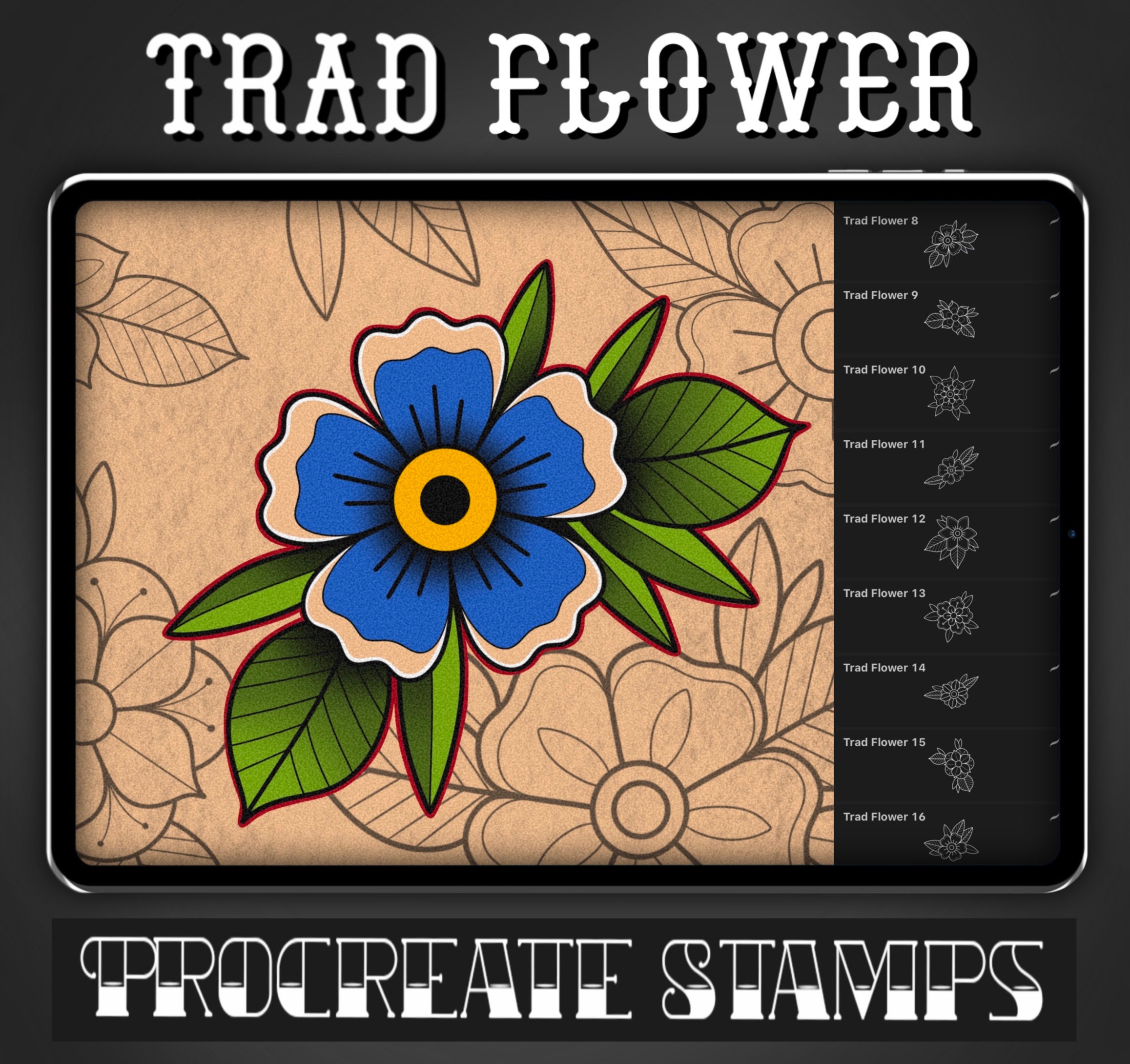 Traditional Flower Tattoo Procreate Stamp Set 1 – 25 Floral Tattoo Brush Stamps for Procreate