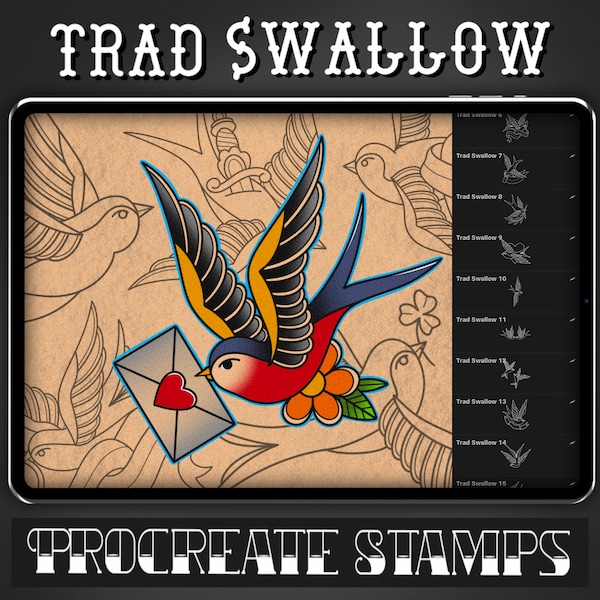 Traditionelle Schwalbe Tattoo Procreate Stempel - Set 1 | 25 traditionelle Schwalben Brush Stamps für Procreate - Tattoo Artist | Tattoo-Designs