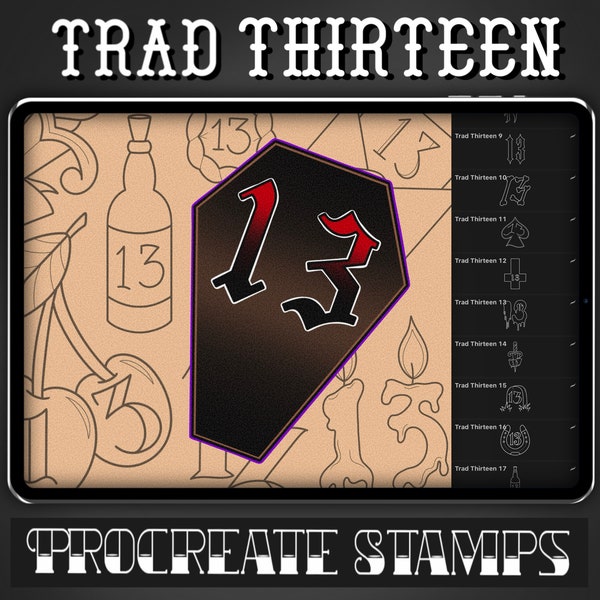 Traditional Thirteen Tattoo Procreate Stamp - Set 1 | 25 Trad Lucky Number 13 Brush Stamps for Procreate - Tattoo Artist | Tattoo Designs