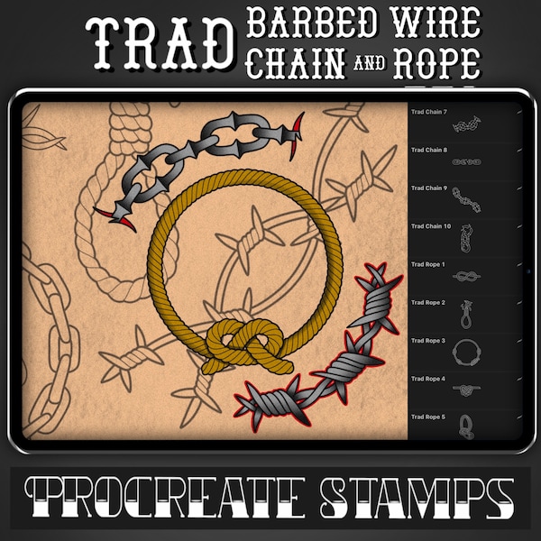 Traditional Barbed Wire, Chain & Rope Tattoo Procreate Stamp - Set 1 | 30 Trad Brush Stamps for Procreate - Tattoo Artist | Tattoo Designs