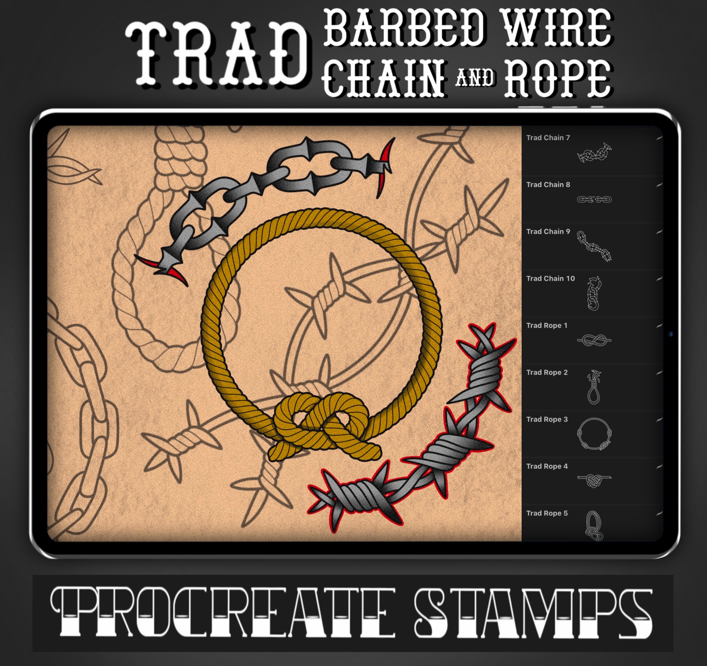 Traditional Barbed Wire, Chain & Rope Procreate Stamps Set 1 – 30 Tattoo Brush Stamps for Flash & Design