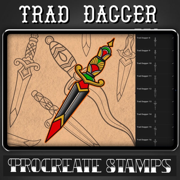 Traditioneller Dolch Tattoo Stempel - Set 1 | 25 Trad Dagger Brush Stamps für Procreate - Tattoo Artist | Tattoo Designs