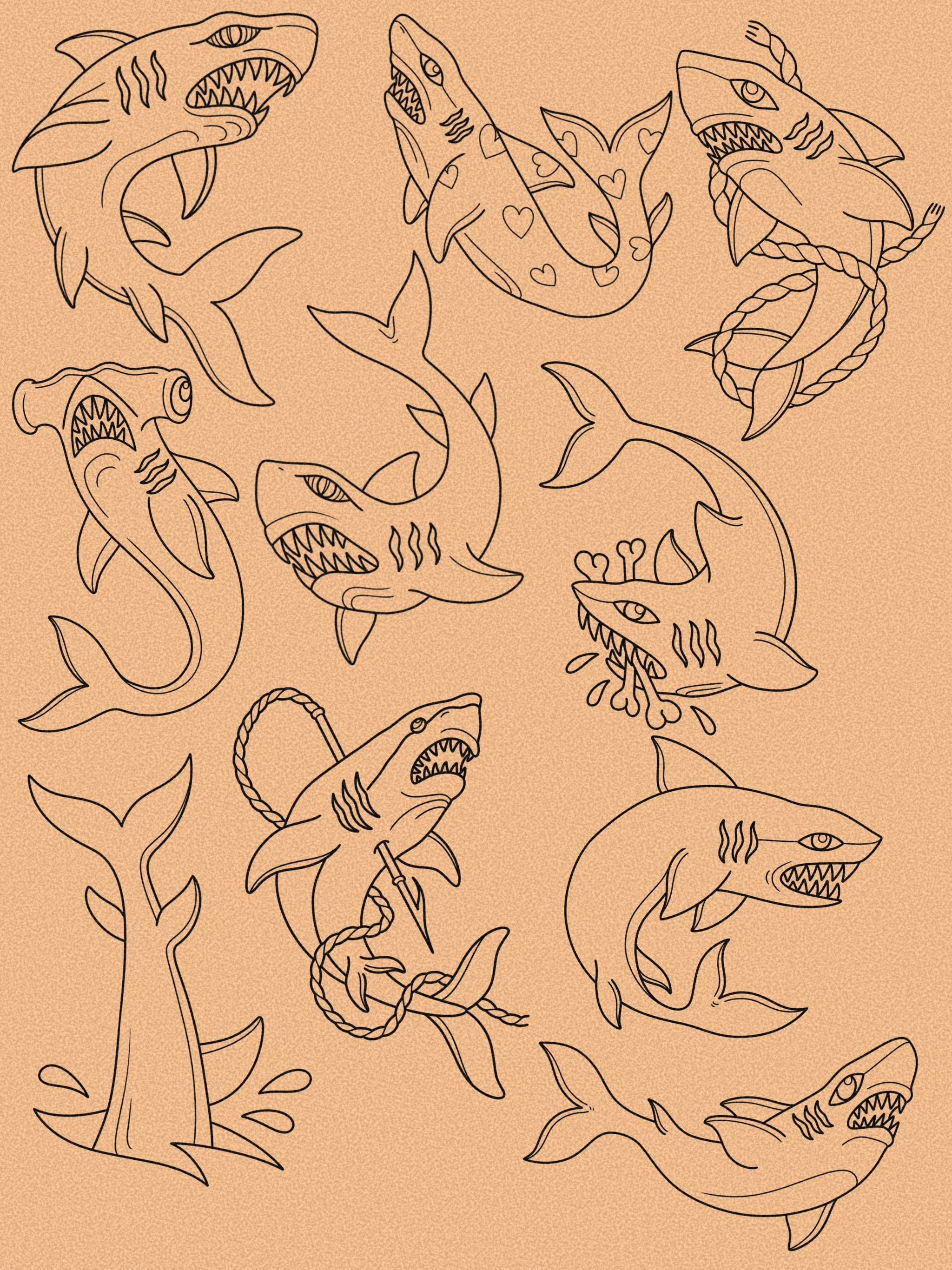 Traditional Shark Tattoo Procreate Stamp - Set 1 | 20 Trad Shark Brush ...