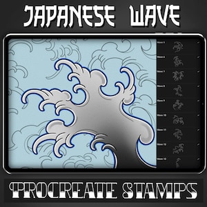 May include: A digital illustration of a Japanese wave design on a tablet screen. The wave is gray with blue outlines, set against a light blue background with cloud patterns. Text at the top reads "JAPANESE WAVE" and "PROCREATE STAMPS" at the bottom.