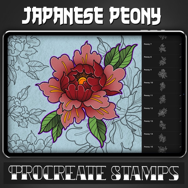 Japanische Pfingstrose Tattoo Stempel - Set 1 | 20 japanische Neotrad Brush Stamps für Procreate - Tattoo Artist | Tattoo Designs