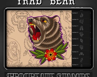 May include: A set of 17 digital stamps featuring traditional tattoo style bear illustrations. The stamps are designed for use in the Procreate app. The main image shows a roaring bear with a red flower and green leaves.