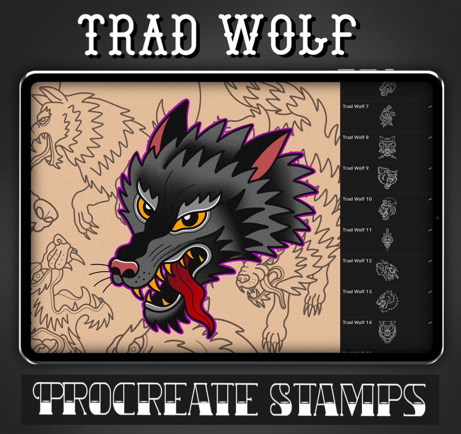 Traditional Wolf Tattoo Procreate Stamp - Set 1 | 20 Trad Wolf Brush ...