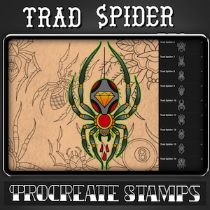 Puede incluir: Una ilustración digital de un diseño de tatuaje de araña tradicional con un diamante en el pecho. La imagen forma parte de un conjunto de sellos Procreate para arte digital.