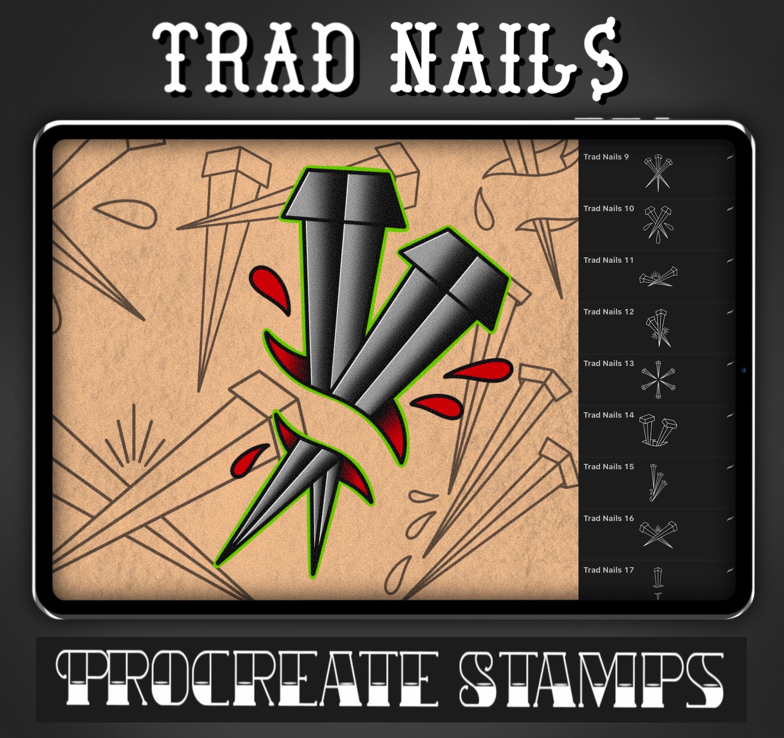 Procreate Normal Nails Traditional Nail Tattoo Procreate Stamp - Set 1 | 25 Trad Nails Brush ...