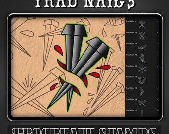 May include: A digital illustration of a set of 17 traditional tattoo style nail stamps for use with the Procreate app. The stamps are labeled "Trad Nails" 9 through 17. The image shows a close-up of three nails in a bundle with red blood drops.