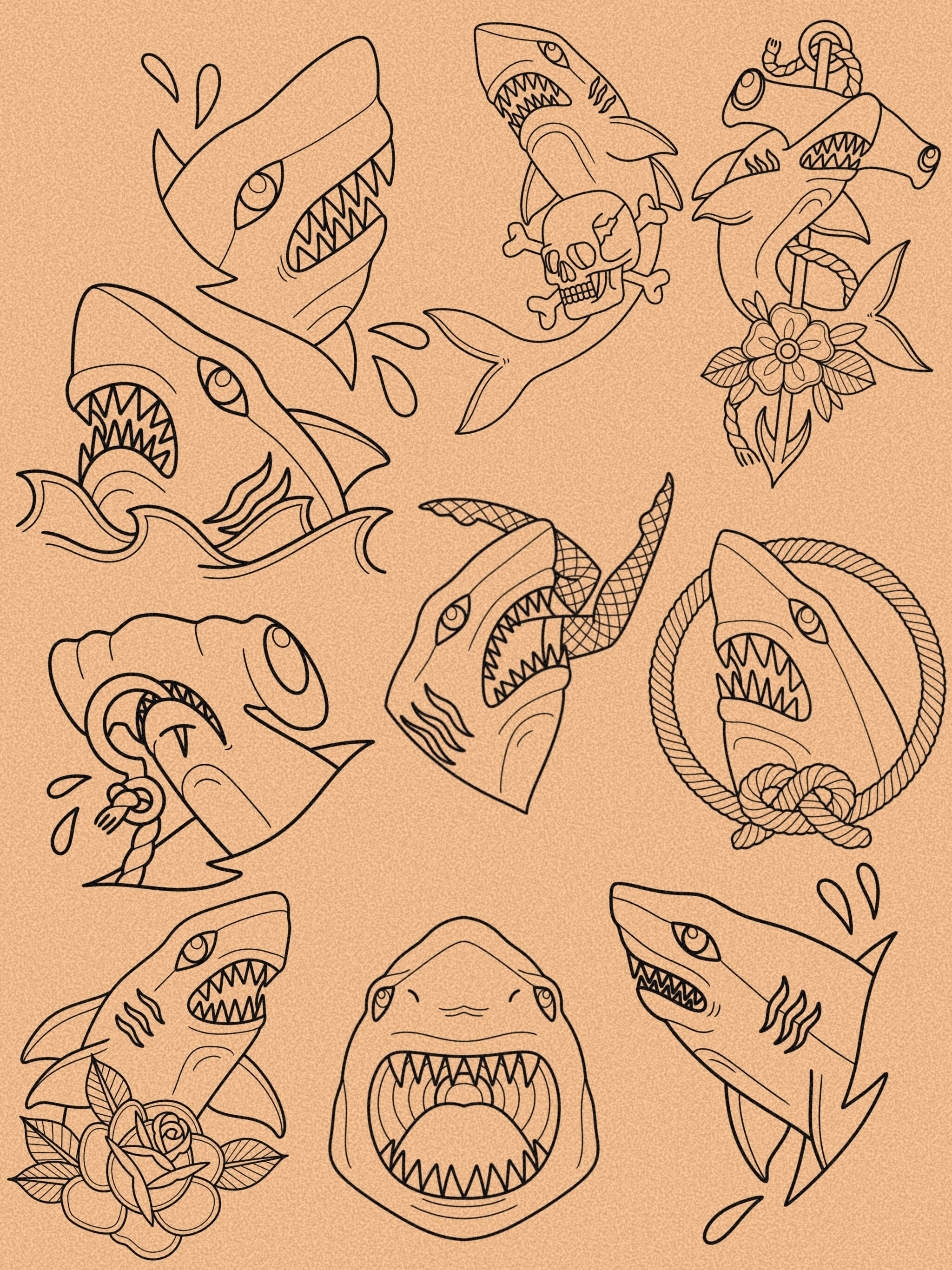 Traditional Shark Tattoo Procreate Stamp - Set 1 | 20 Trad Shark Brush ...