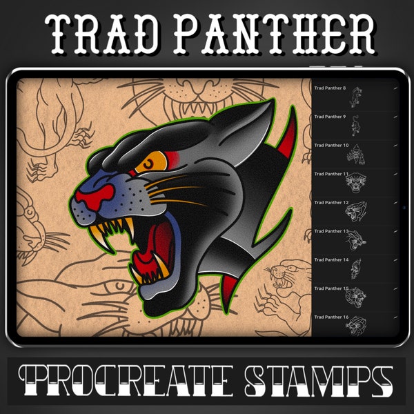 Traditioneller Panther Tattoo Stempel - Set 1 | 20 Trad Panther Brush Stamps für Procreate - Tattoo Artist | Tattoo Designs